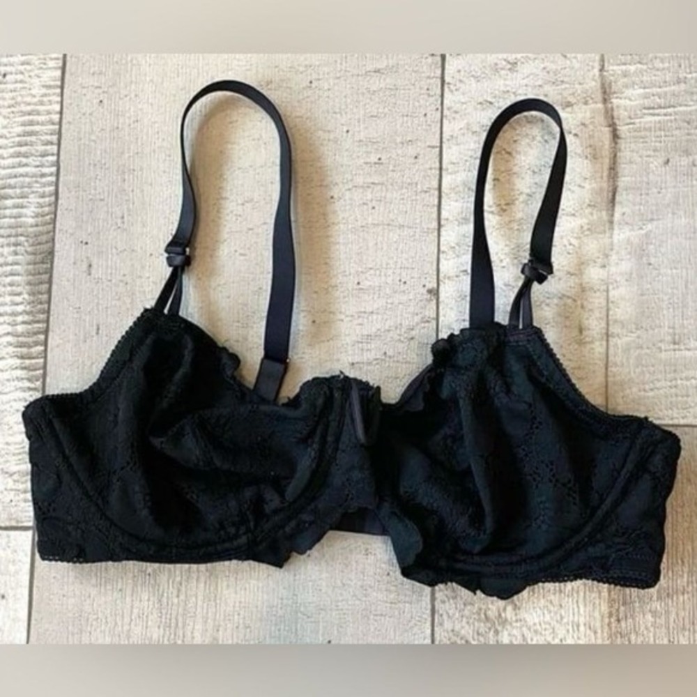 Aerie Real Good Black Floral Lace V-Wire Underwire Bra 36D